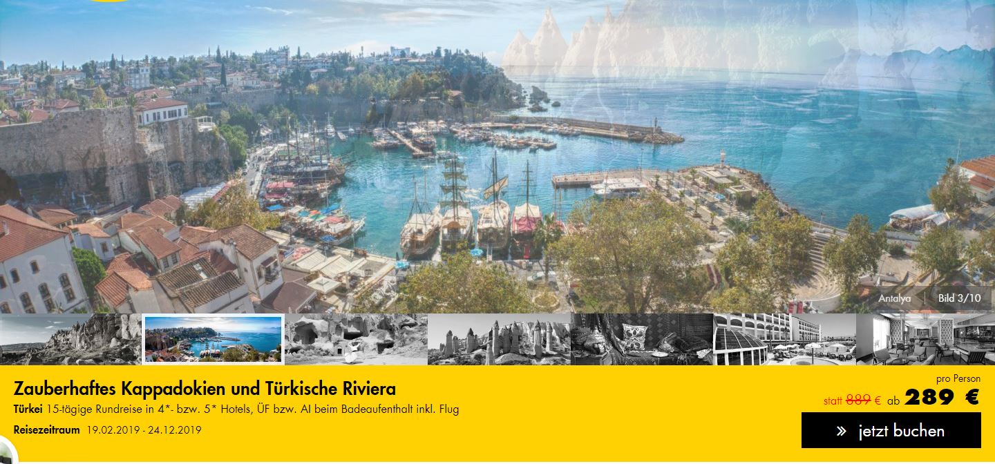 Zauberhaftes Kappadokien, ab 289 € &#8211; 15 Tage Rundreise Zauberhaftes Kappadokien und Türkische Riviera in 4*/5* Hotels, Verpflegung &#038; Flug