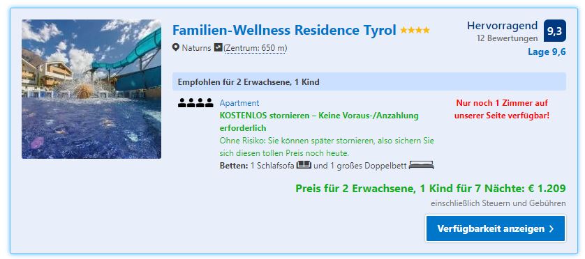 Familien-Wellness Residence Tyrol, ab 403 € &#8211; 7 Tage Familienurlaub in Naturns / Südtirol im 4* Familien-Wellness Residence Tyrol inkl. Rutschen &#038; SPA